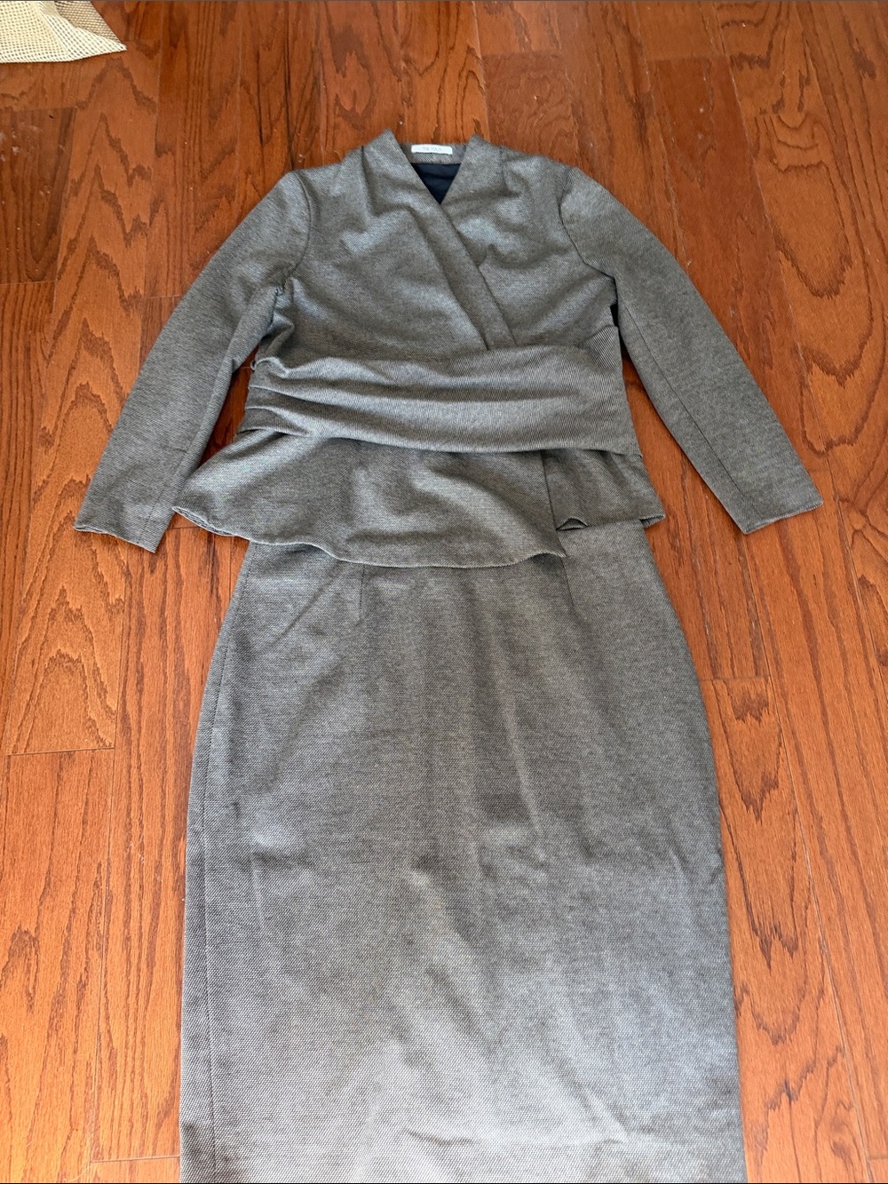 Classic Gray Wrap-Peplum Dress - Elegant Professional Style